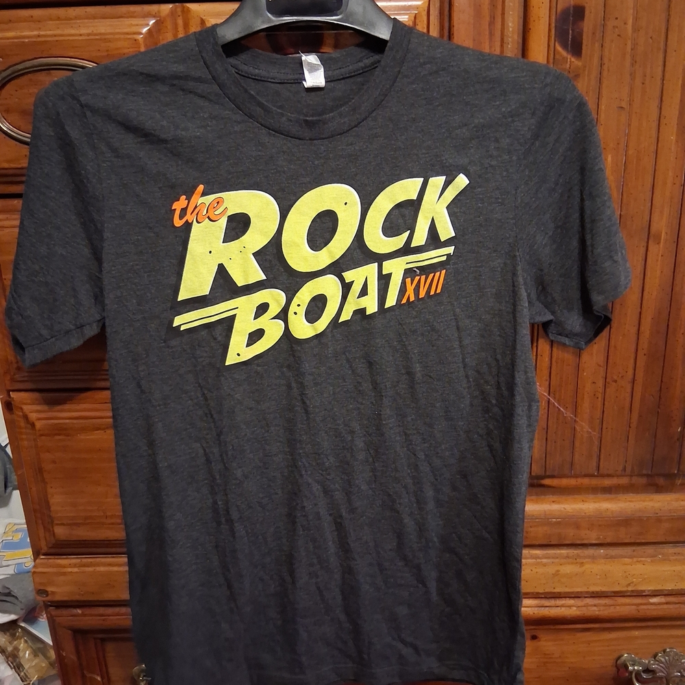 Black 'The Rock Boat' Graphic Tee with Yellow & Orange Print